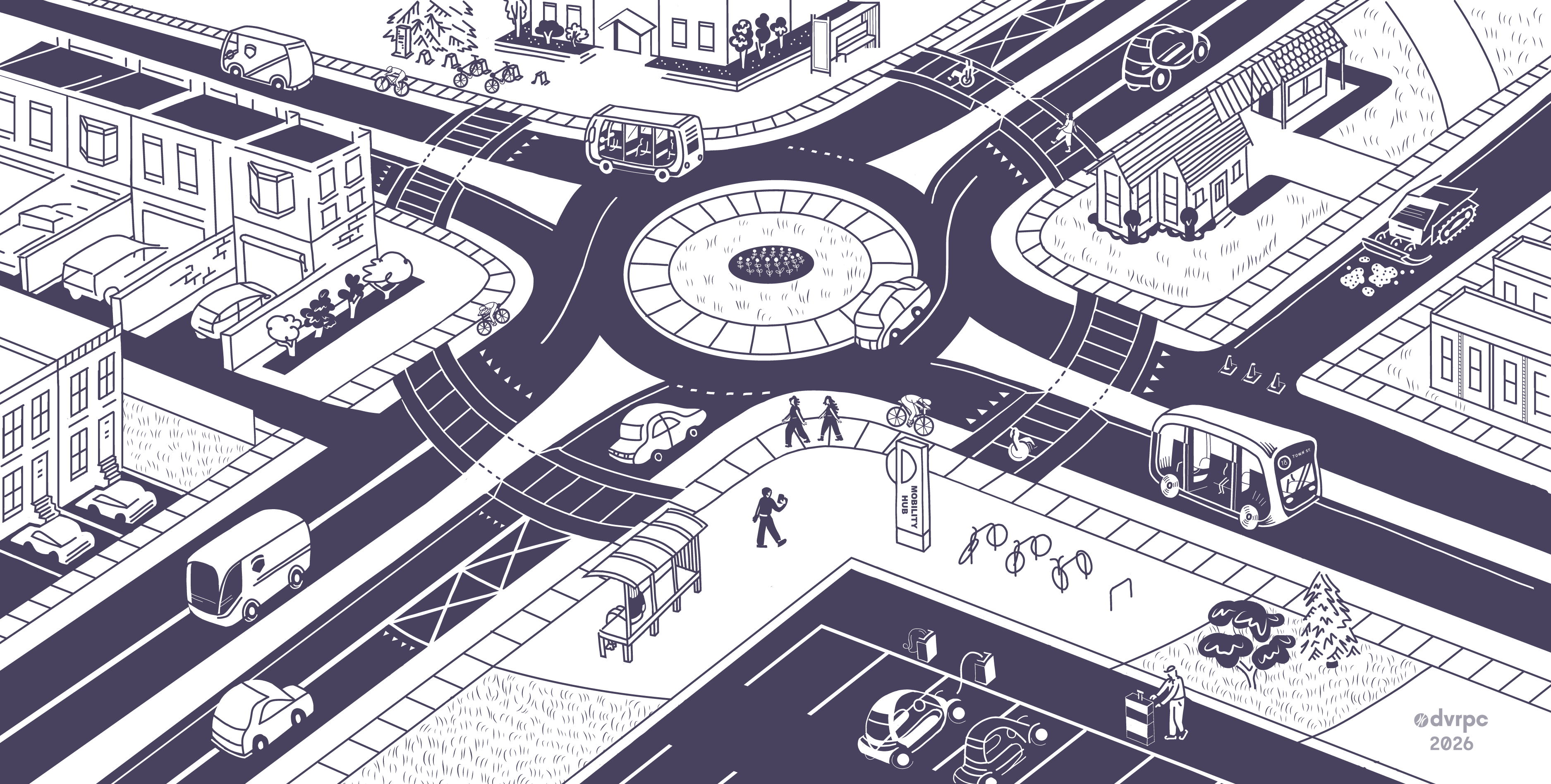 Transportation vision illustration showing a roundabout with pedestrians, autonomous vehicles, bikes, buildings, and greenery, conveying a safe, modern, multimodal
transportation network for all.